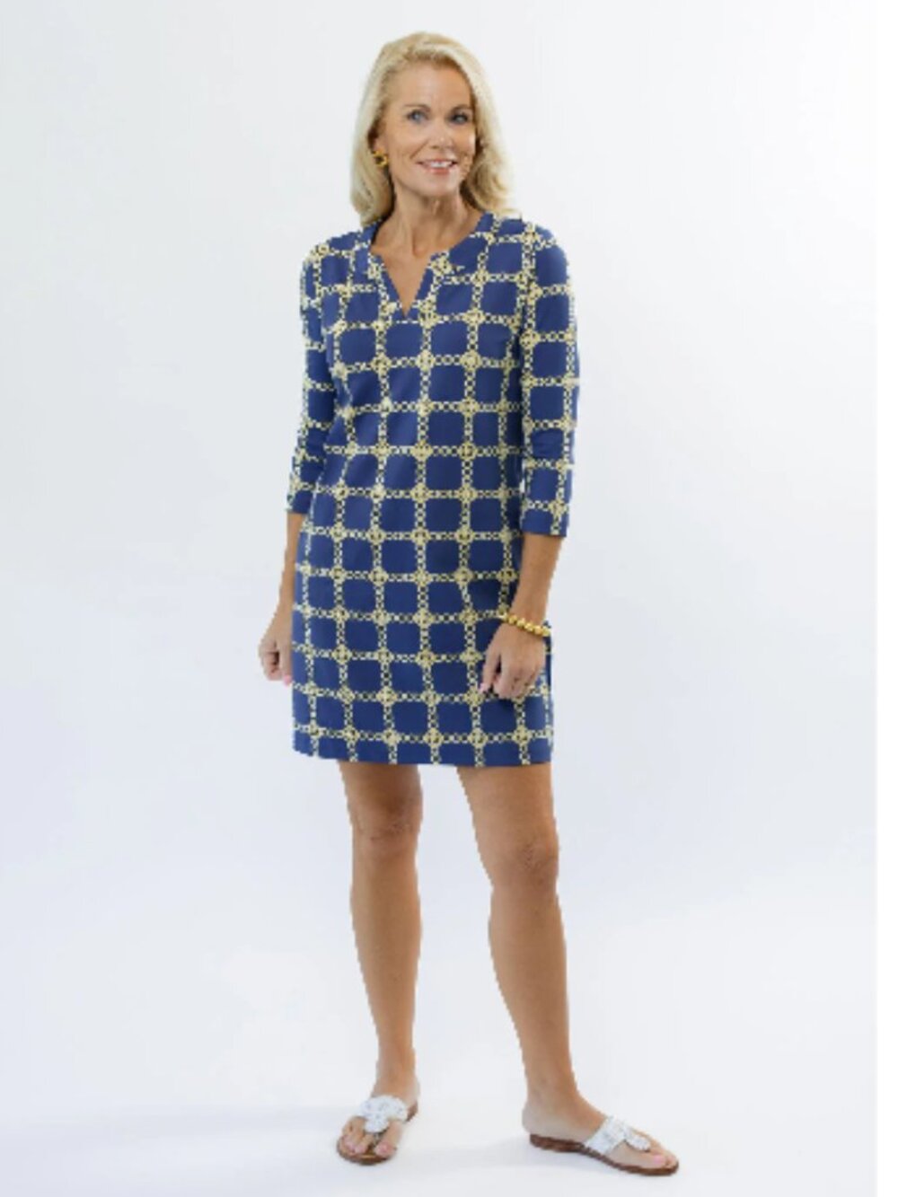Sailor Sailor Polo 3/4 Sleeve Dress - Medallion Chain Blue/Tan | Small
